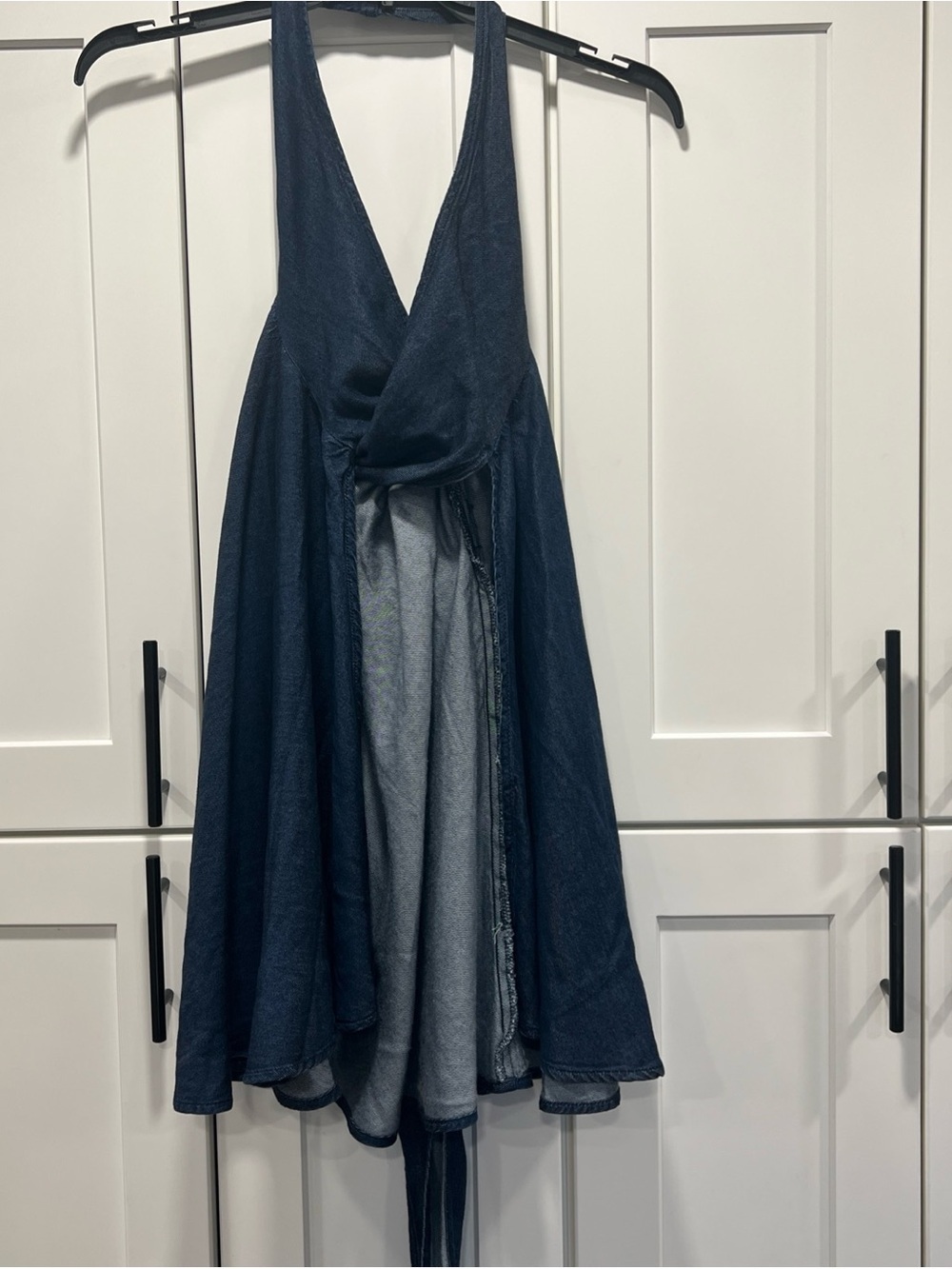 Free People Denim Apron Halter Tunic Top Small Blue Denim Open Front Wrap Bow